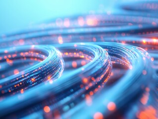 Aufkleber - Close-up 3D render of telephone cables merging with digital data lines, showing the transmission of information with glowing effects, set in a modern setting