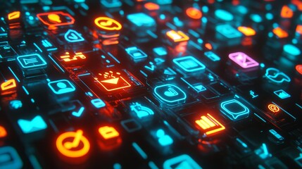 Poster - Futuristic Interface with Neon Icons - A futuristic abstract image representing a digital interface with glowing icons symbolizing technology, data, communication, networking, and innovation.