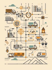 Poster - Global Logistics and Supply Chain Network Illustration - A network of interconnected trucks, warehouses, and shipping containers symbolizes global trade, efficient transportation, and seamless logisti