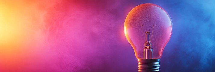 Poster - Glowing Light Bulb with Smoke and Colorful Background - A clear light bulb glows brightly against a background of colorful smoke, symbolizing innovation, inspiration, new ideas, creativity, and potent