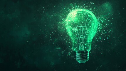 Poster - Glowing Light Bulb with Green Sparkles - Inspiration and Innovation - A single light bulb glows brightly, with green sparkles surrounding it, symbolizing innovation, creativity, new ideas, and the pow