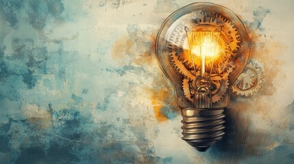 Poster - Glowing Lightbulb with Gears - Innovation and Creativity Concept - A vintage light bulb with gears inside, symbolizing innovation, creativity, engineering, progress, and ingenuity.