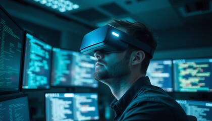 in a dimly lit office with dark mint hues a man with vr glasses gazes intently at multiple screens filled with code and data the digital glow highlighting his focused expressi