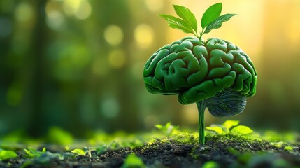 Poster - growing intelligence: brain plant in nature - a brain-shaped plant sprouts from the ground, symboliz