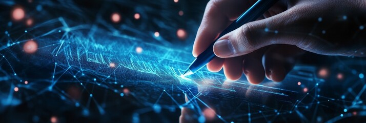 Poster - hand drawing digital network connection on touchscreen - hand drawing on a touchscreen, symbolizing 