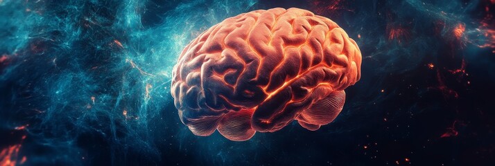 Poster - human brain in a cosmic landscape: the power of thought - a human brain, in a vibrant orange hue, fl