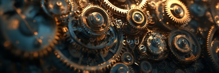 Poster - interlocking gears: a close-up look at precision engineering - a intricate network of gears, symboli