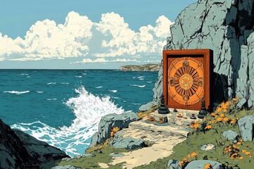 Wall Mural - Dharma Wheel Dharmachakra Seaside Shrine Buddhism Religion Spiritual Symbol - Generative AI