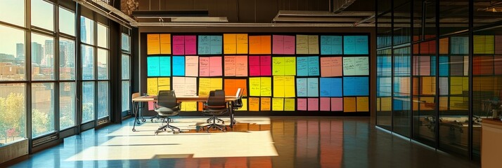 Poster - Modern Office with Colorful Post-it Notes on Wall - A modern office with large windows, two chairs and a table, and a wall covered in colorful post-it notes. This image symbolizes creativity, brainsto