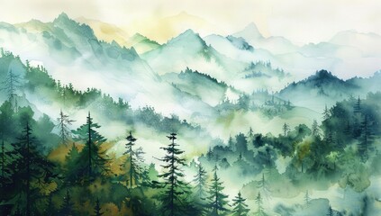 Wall Mural - A painting of a mountain range with trees and a misty atmosphere