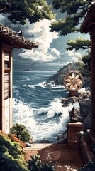 Poster - Dharma Wheel Dharmachakra Seaside Shrine Buddhism Religion Spiritual Symbol - Generative AI