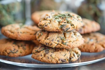 Canvas Print - Closeup of homemade cookies infused with cannabis, stacked on a kitchen counter