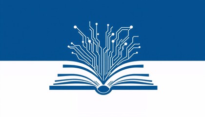 modern logo for gruead with digital circuitry forming a book shape deep blue and white colors clean background representing online learning and technology well-balanced and