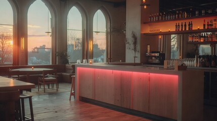 Wall Mural -   A dimly lit bar in a restaurant, with a city view outside and sunlight streaming through the windows