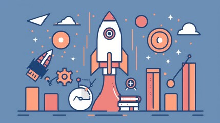 Poster - Rocket Launch: Business Growth and Success Illustration - A rocket taking off, symbolizing business growth, innovation, and achieving goals, with elements like a clock, gear, and books representing ti