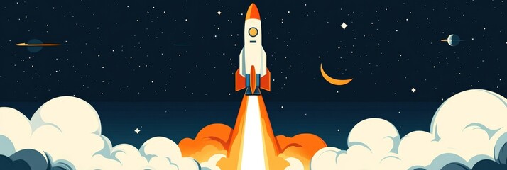 Rocket Launch into the Night Sky: Embark on a Journey of Success - A rocket blasts off into the night sky, symbolizing ambition, growth, innovation, progress, and reaching for the stars.