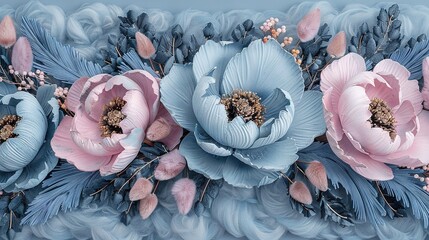 Wall Mural -   A cluster of azure and magenta blossoms resting atop a cerulean and ivory table linen adorned with azure quills