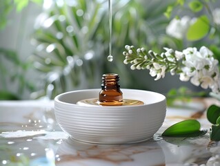 Sticker - Close up of Essential Oil Bottle with Drops Falling into Diffuser Aromatherapy Concept with Copy Space