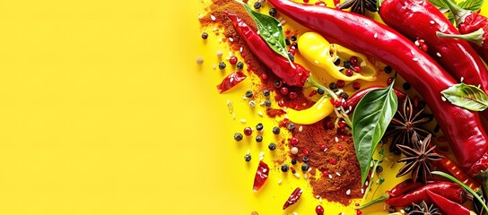 Wall Mural - Red chili peppers, star anise, and other spices arranged on a yellow background.  Copy space.