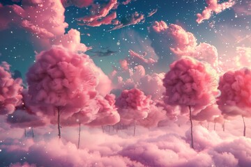 Poster - Surreal landscape with vibrant pink clouds and dreamlike trees against a dazzling sky