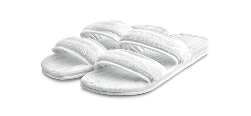 A pair of white fluffy slippers with double straps. Perfect for keeping your feet warm and cozy.