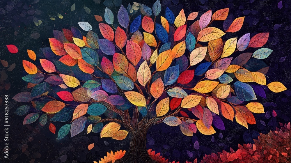Vibrant Autumn Tree with Colorful Leaves - This abstract art depicts a ...