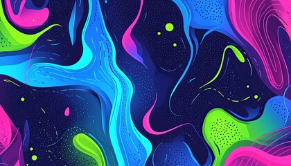 Wall Mural - Abstract neon blue, pink and green waves on a dark blue background.