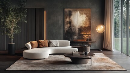 Wall Mural - cozy living room interior with modern furniture, warm lighting, and stylish decorations, including a plush rug and artwork on the walls