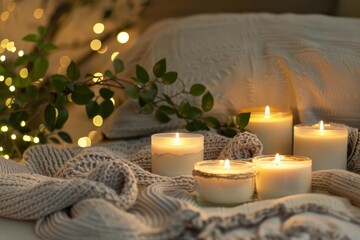 Canvas Print - Intimate setting featuring lit candles, soft blanket, and twinkling lights, evoking warmth and comfort