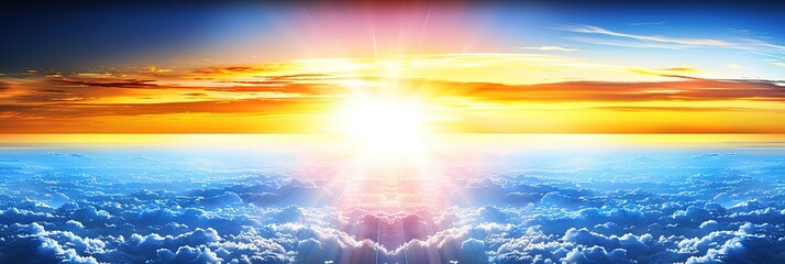 Wall Mural - A dramatic split horizon of a sunrise over a sea of clouds. The sky is filled with vibrant colors and a bright light shines from the sun.