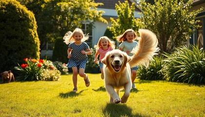 children are chasing the Happy golden retriever running in the garden of the house
