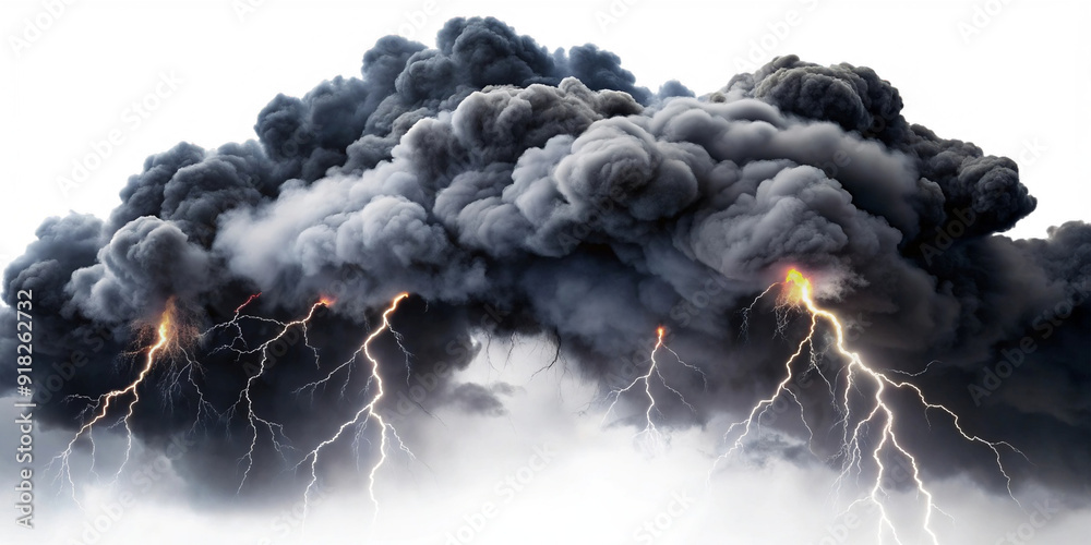Black storm clouds with lightnings and smoke isolated on white and ...
