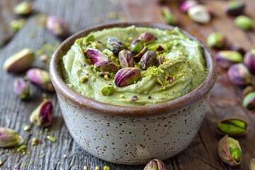 Poster - Bowl of smooth pistachio cream garnished with whole nuts and edible flower petals on a rustic wooden surface