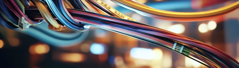Aufkleber - Conceptual 3D scene of analog telephone cables merging with modern digital lines, symbolizing the transition from old to new technology, set in a historical urban setting