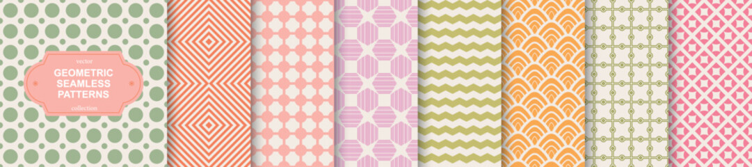 Poster - Collection of bright color seamless geometric patterns. Delicate stylish decorative backgrounds. Cute modern unusual prints