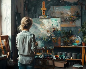 Vibrant Oil Painting Studio with Brushes and Unfinished Canvas