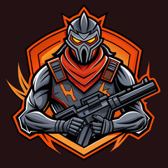 Warrior soldier with a machine gun in a mask mascot for sports and esports vector logo