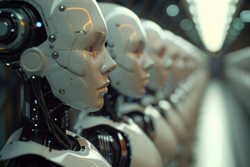 Workforce concept with robots lined up in a row. Ai generative art