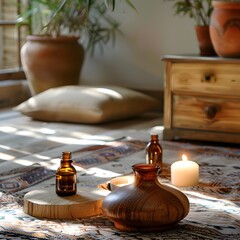 Poster - Serene Yoga Space with Essential Oils and Candles for Relaxation and Mindfulness