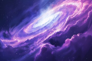 a vibrant depiction of a swirling galaxy surrounded by colorful clouds in a cosmic setting.