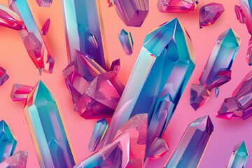 Poster - Vibrant and stylish 3d render of colorful. Sparkling. And iridescent abstract crystal background with geometric shapes. Gradient. And pastel pink and blue hues. Luxury wallpaper
