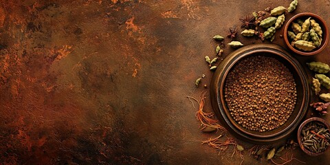 Close up of various spices in bowls on a brown textured surface.