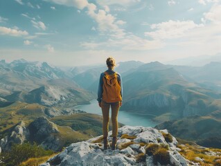 Canvas Print - Solitary hiker stands atop majestic mountain with breathtaking panoramic landscape view in background