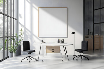 Wall Mural - White workspace interior with board and drawer, window. Mockup frames