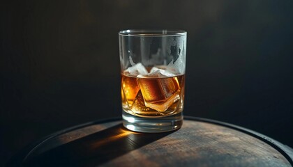 Wall Mural - Whisky glass with ice flakes on a wooden barrel 
