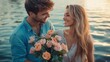 © Nijat - Send her some flowers. Gorgeous girlfriend receiving a bouquet from a dashing young man during a romantic lakeside date