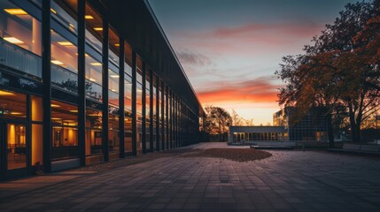 Wall Mural - Exterior of a university building at sunset, with lights illuminating the structure.