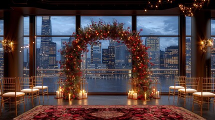 wedding ceremony under a canopy of fairy lights and light bulbs, creating a romantic glow in the evening 