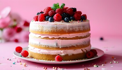 Two layers of whipped cream cake decorated with fresh berries