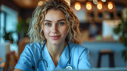 Attentive Nurse in Scrubs with Stethoscope in a Modern Medical Setting